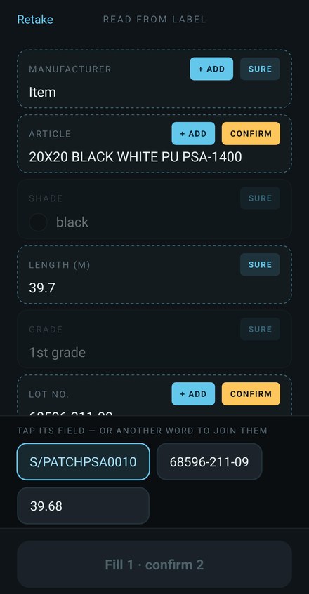 The confirm screen in the app: fields marked Sure or Confirm, + Add buttons, and a tray of unplaced values at the bottom